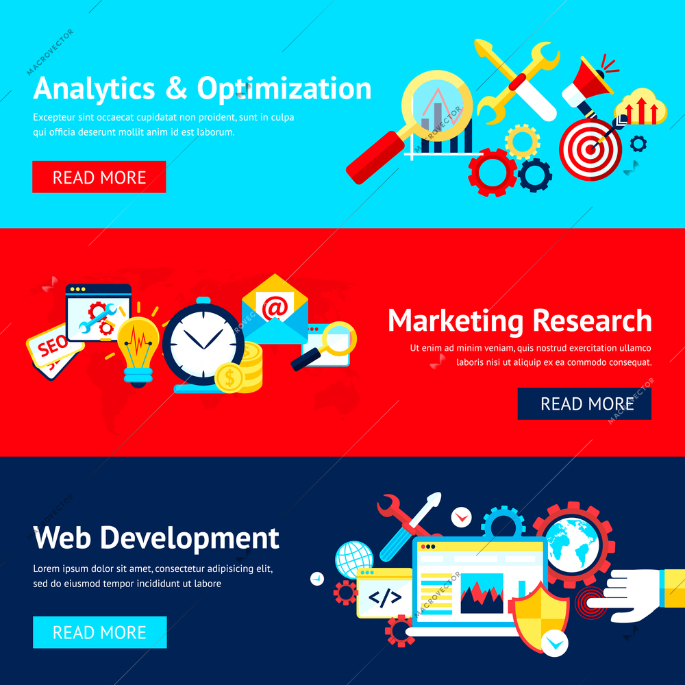 SEO flat banner set with analytics and optimization marketing research web development isolated vector illustration