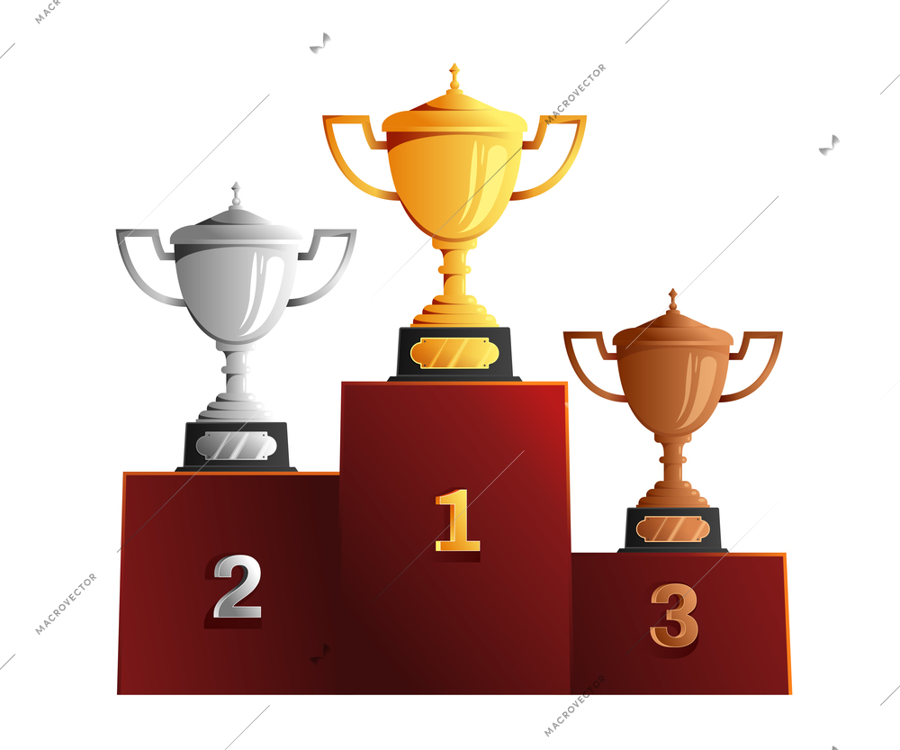 Cups medals reward on pedestal composition with winners podium image with bronze silver and golden cups vector illustration