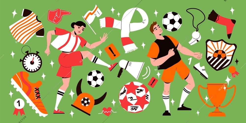 Big flat set with two football players sports equipment and fan attributes isolated on green background vector illustration