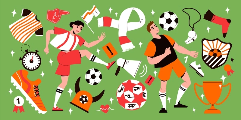 Big flat set with two football players sports equipment and fan attributes isolated on green background vector illustration