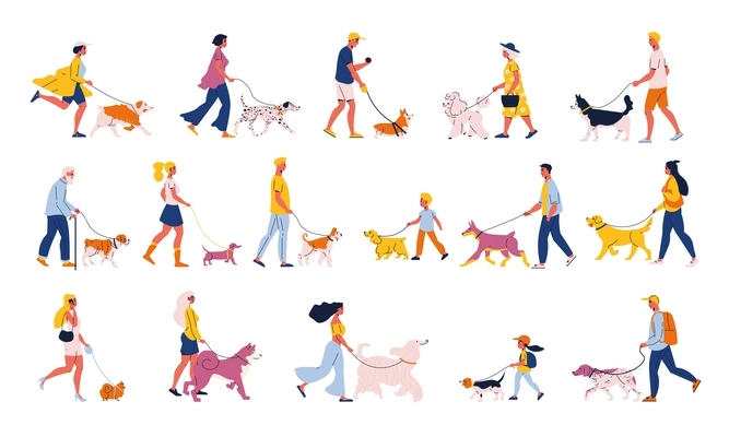 People walking with their big and small dogs of different breeds flat set isolated vector illustration