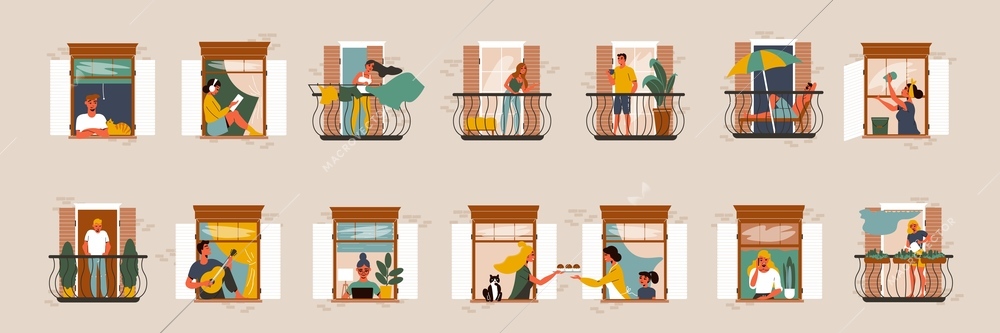 Flat set with neighbours in their windows and on balconies doing various daily activities isolated vector illustration