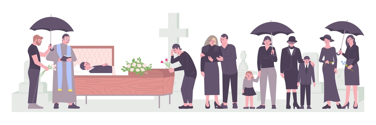 Death flat composition with funeral burial service dead man in coffin priest and mourning people vector illustration