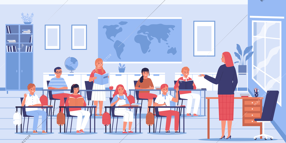 School teacher conducts a lesson with students in the classroom flat vector illustration