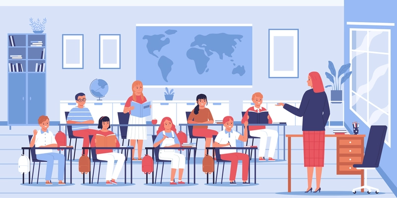 School teacher conducts a lesson with students in the classroom flat vector illustration