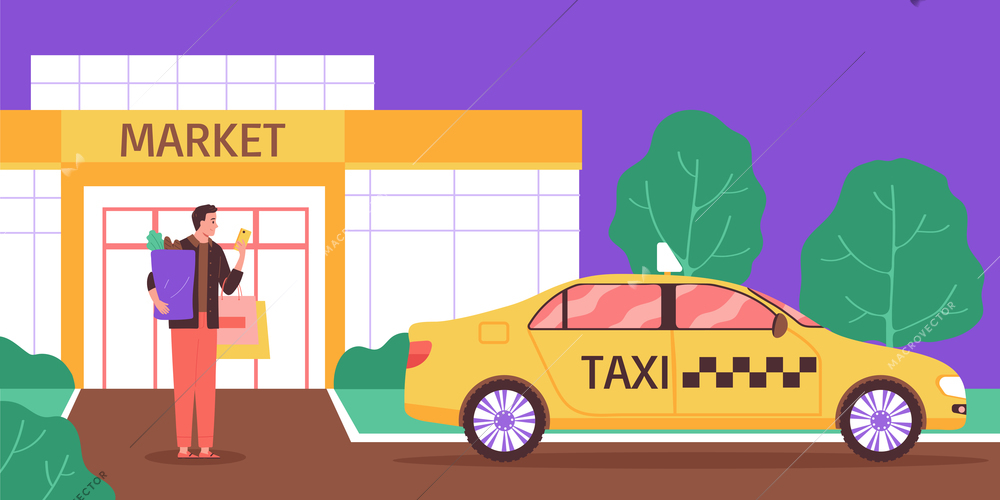 Taxi supermarket composition with outdoor view of market building with client holding shopping bags and cab vector illustration