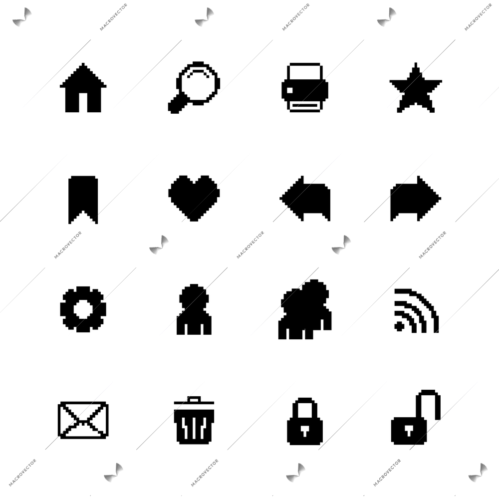 Black pixel icons set for navigation of back forward security preferences isolated vector illustration