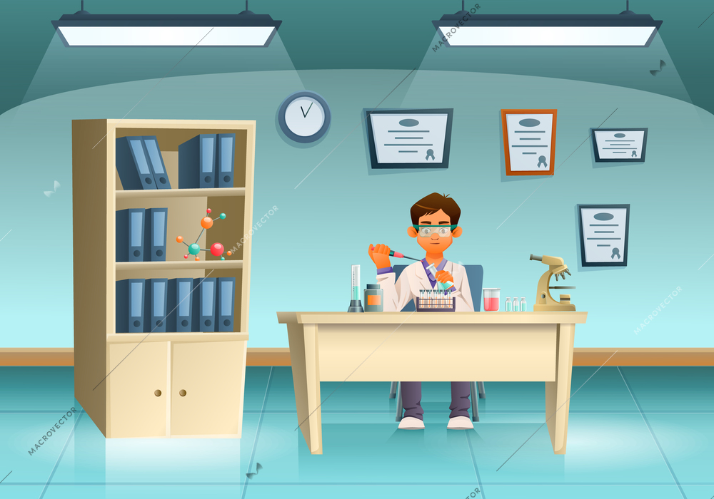 Cartoon scientists composition laboratory employee is studying something or conducting an experiment in his office vector illustration