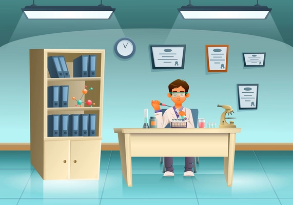 Cartoon scientists composition laboratory employee is studying something or conducting an experiment in his office vector illustration