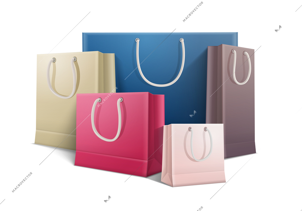 Shopping bag realistic colored composition five colored bags of different sizes on white background vector illustration