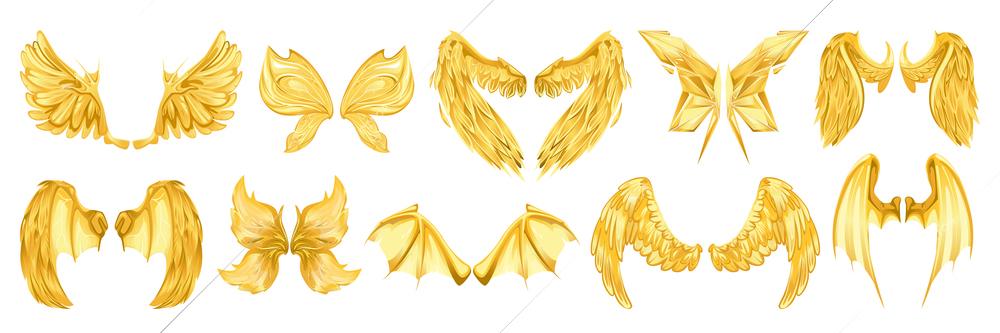 Mythical wings with isolated images of golden rats and isolated images leather wing on blank background vector illustration