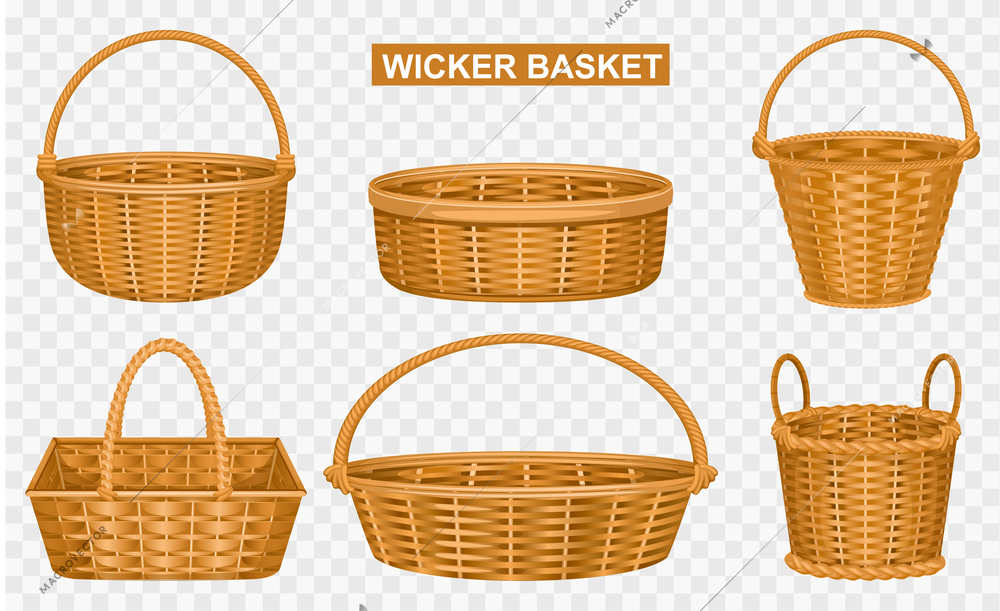 Wisker basket transparent set composition with baskets of different shape and color on transparent background with vector illustration