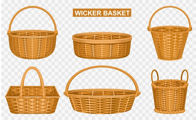 Wisker basket transparent set composition with baskets of different shape and color on transparent background with vector illustration