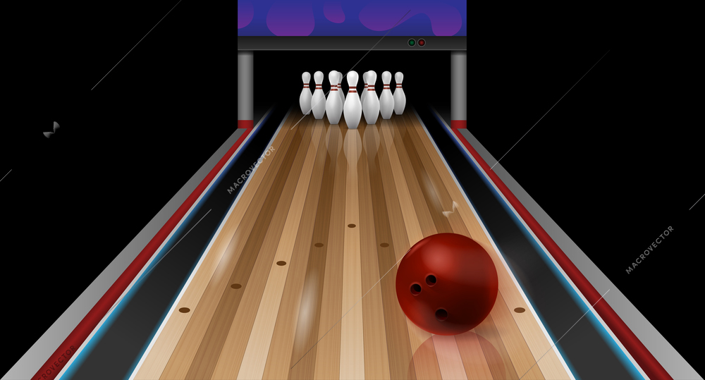 Realistic bowling composition with perspective view of bowling lane with pins and parquet surface with ball vector illustration