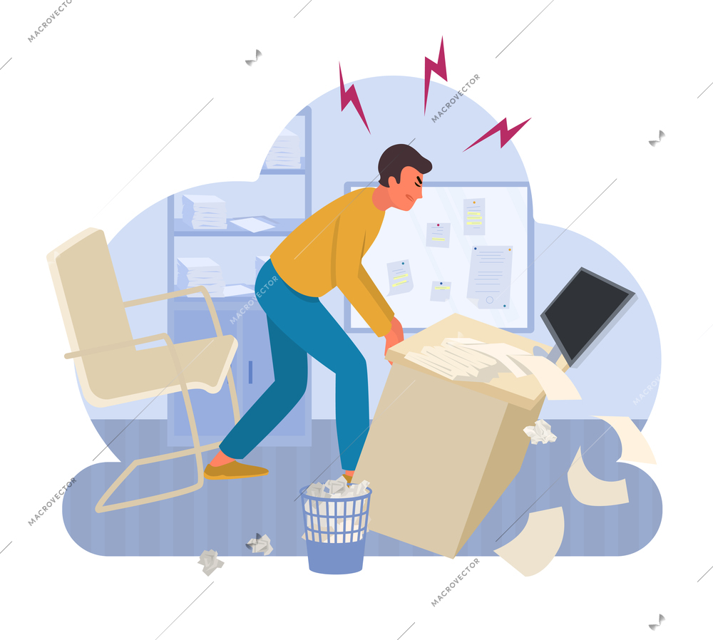 Professional burnout syndrome composition with aggressive male character creating chaos in his office room vector illustration