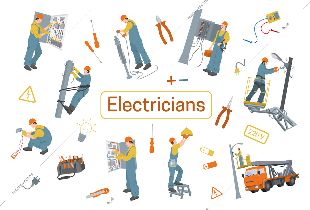 Electricians flat design concept with screwdriver tester tongs battery icons and electrical workers vector illustration