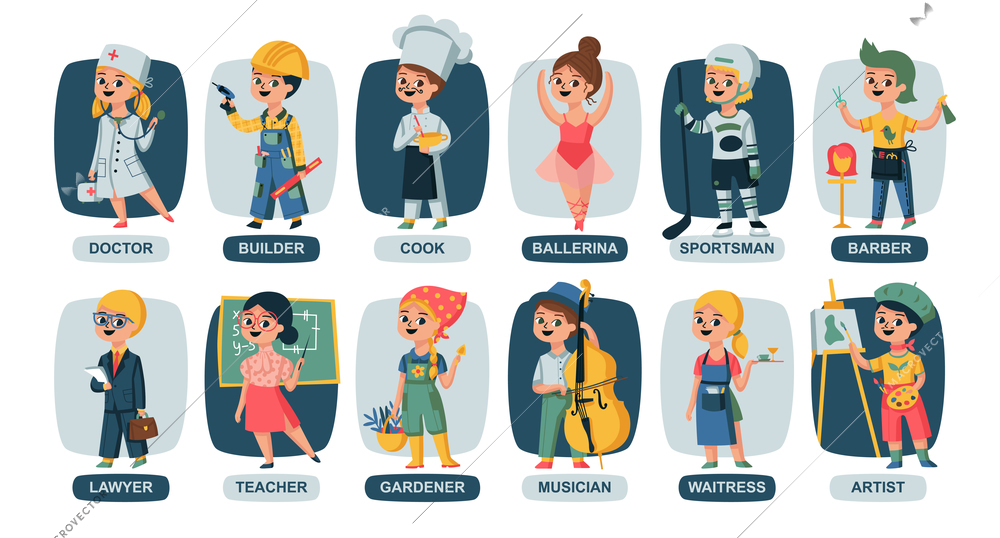 Children professions cartoon style composition with set of kids characters in uniform with appropriate text captions vector illustration