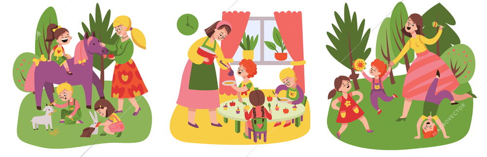 Kindergarten design concept with set of three isolated compositions of nursery teachers and kids playing together vector illustration