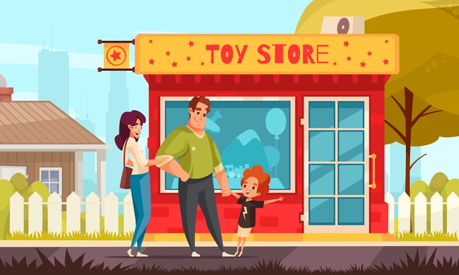 Toys store colored background with little girl pulling her parents to playthings shop vector illustration