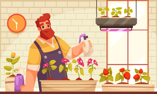 Local farmers flat composition with brutal man watering flowers that he grows for sale vector cartoon illustration