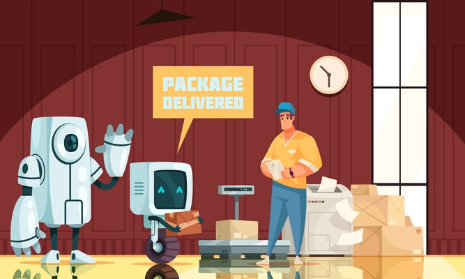 Automatic delivery futuristic cartoon composition with storage worker and friendly android postman characters with package and letter flat vector illustration