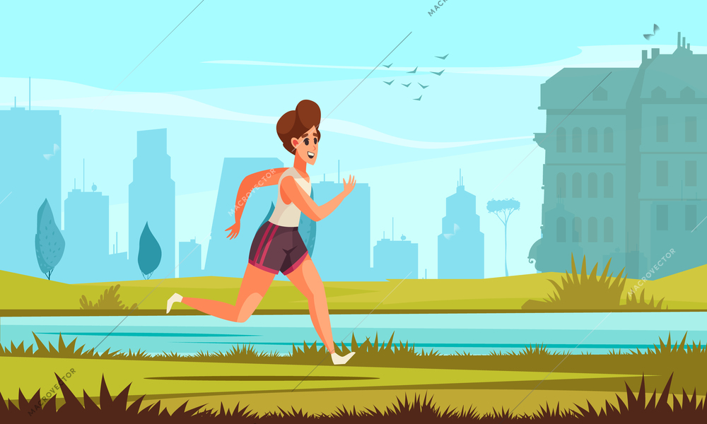 Daily routine summer background with glad young female cartoon character running against city landscape flat vector illustration