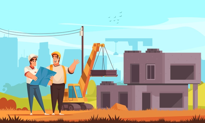 Builder and architect discussing working problems against of unfinished building background flat vector illustration