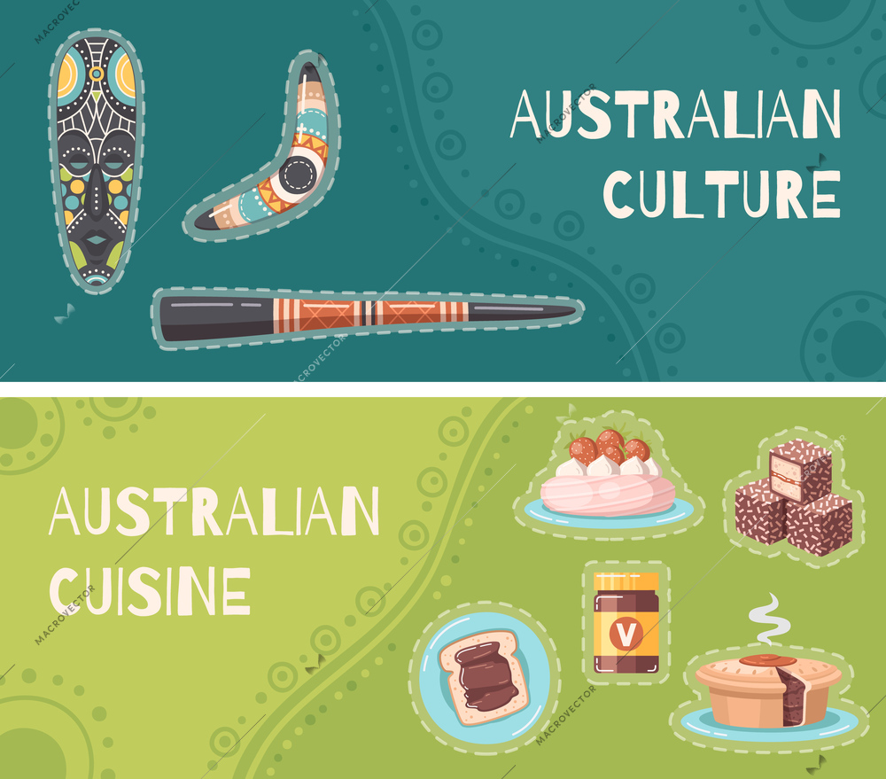 Australian culture and cuisine two banners with aborigine accessories and national food dishes cartoon vector illustration
