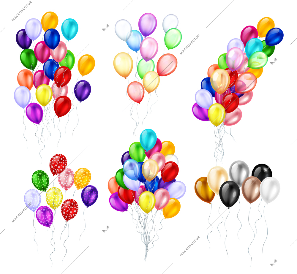 Set of isolated colorful bunches of balloons with realistic images of flying balloons with serpentine threads vector illustration