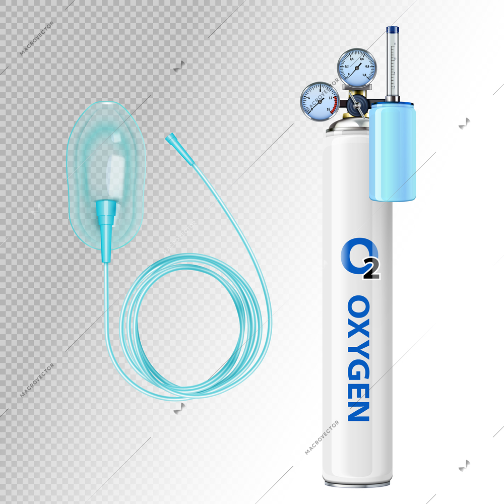 O2 oxygen tank and mask realistic composition with isolated images of medical appliances on transparent background vector illustration