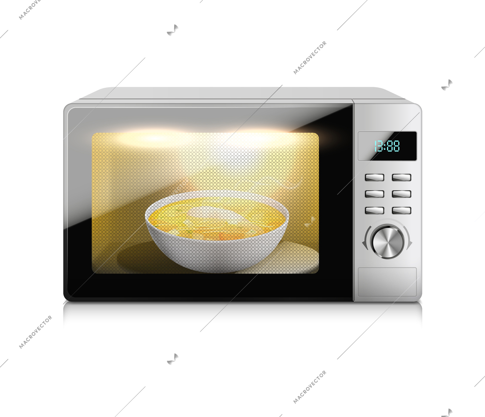 Microwave oven realistic composition with isolated image of working microwave and dish with soup inside it vector illustration