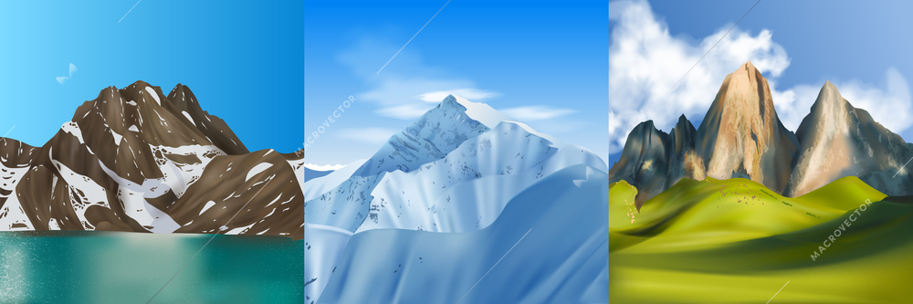 Realistic mountains design concept of three square compositions with wild outdoor landscapes and seasons with sky vector illustration