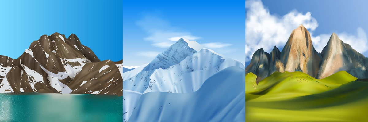 Realistic mountains design concept of three square compositions with wild outdoor landscapes and seasons with sky vector illustration