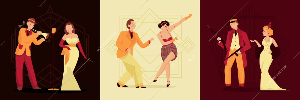 Retro twenties design concept with three square compositions with male and female human characters of dandies vector illustration