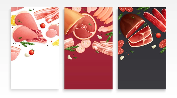 Meat products 3 appetizing background cards with ham sausages streaky bacon slices smoked pork shank vector illustration