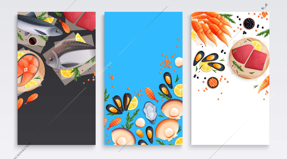 Seafood cafe bar restaurant market advertising posters banners cards set with salmon shellfish oysters flat vector illustration