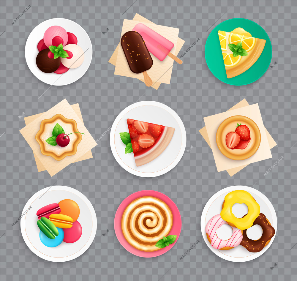 Desserts sweets doughnuts biscuit roll slice  strawberry cake macarons plates set top view transparent background vector illustration