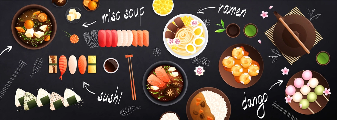 Traditional japanese food black background horizontal banner header with sushi miso soup ramen sweet dango balls vector illustration