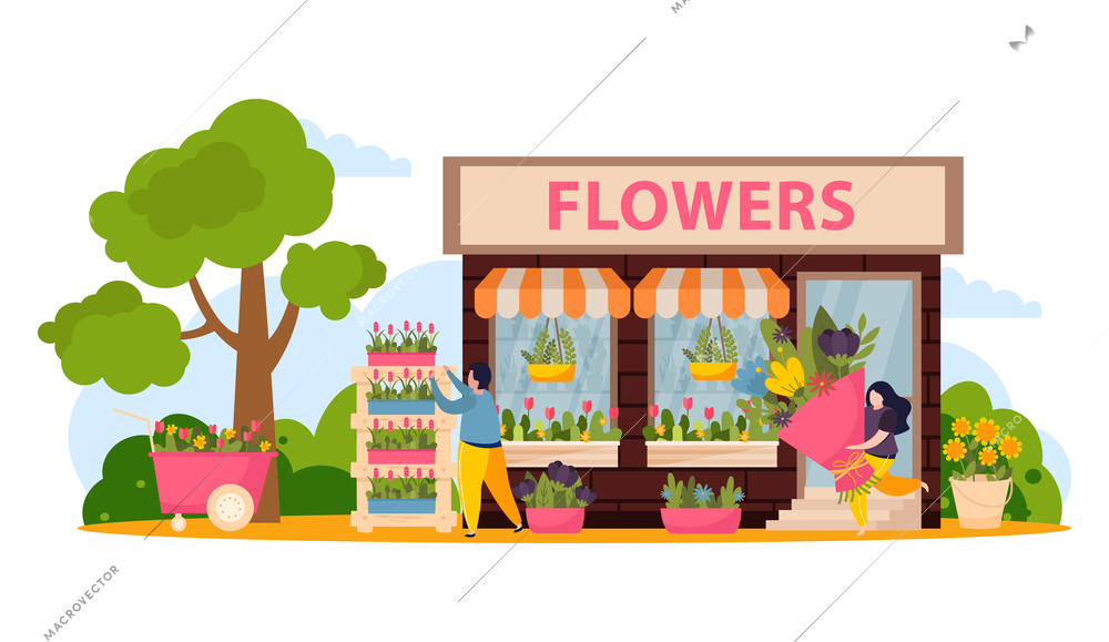 Flower shop composition with floral market symbols flat vector illustration