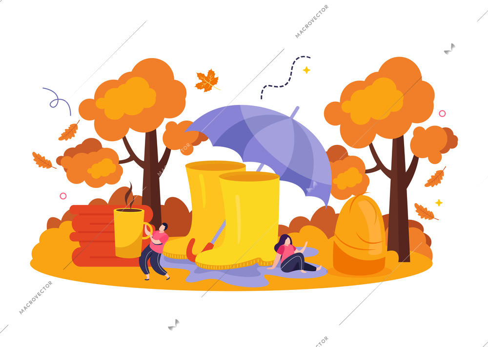 Cozy fall concept with autumn weather symbols flat  vector illustration