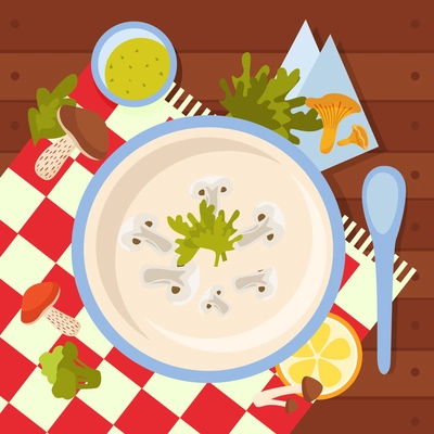 Mushrooms background with mushroom soup cooking symbols flat vector illustration