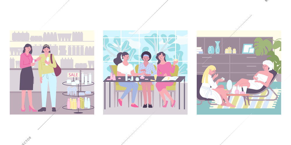 Cosmetic set of three square compositions with flat sceneries and female characters buying and applying cosmetics vector illustration