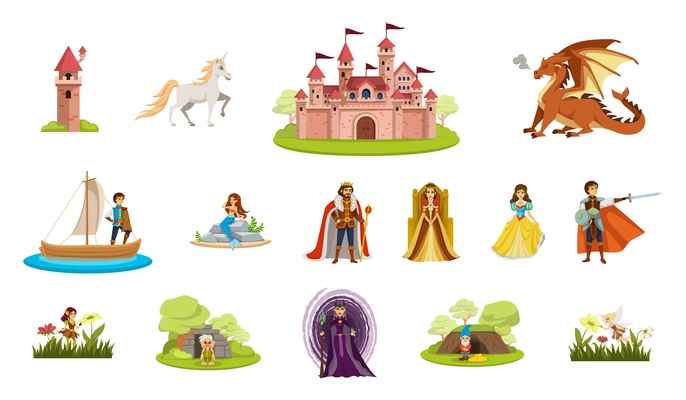 Fairy tale characters cartoon isolated icon set with castle tower horse dragon prince on a shi mermaid king and queen fairy and dwarves vector illustration