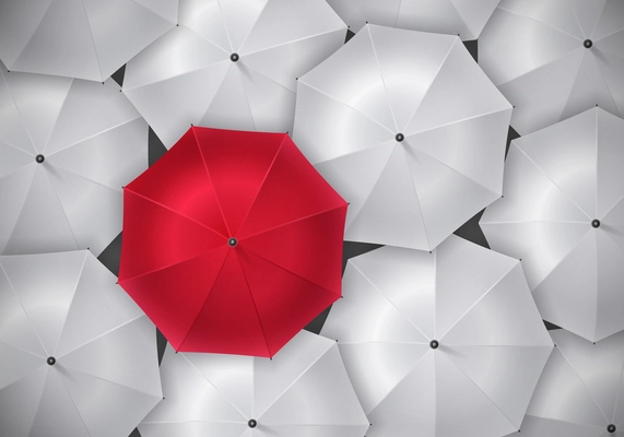 Colorful realistic umbrella composition with umbrellas open one red in the midst of a crowd of white vector illustration