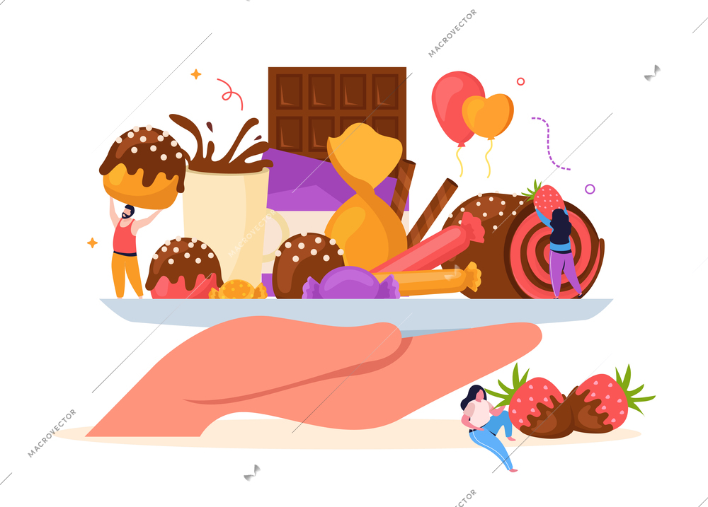 World chocolate day flat composition with delicious desserts on plate and human characters vector illustration