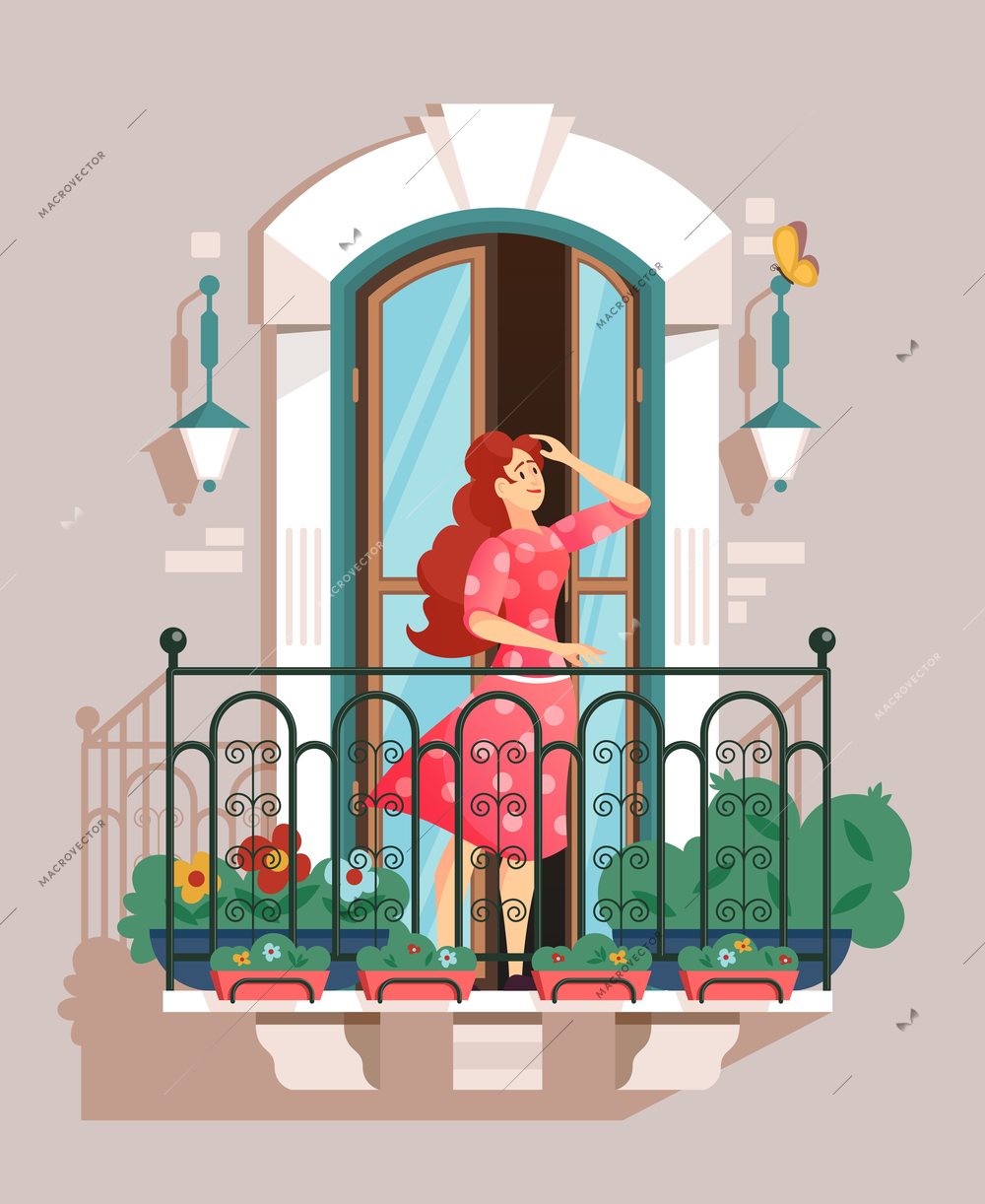 A girl straightens her hair standing on a balcony with a railing and houseplants flat vector illustration
