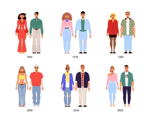 Male and female fashion history costume  collection from second half of 20th century to 2020 year isolated vector illustration