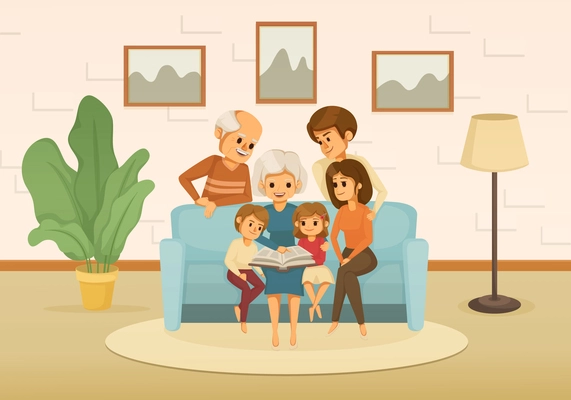 Family holidays cartoon colored composition the whole family gathered together in the living room to read a book vector illustration