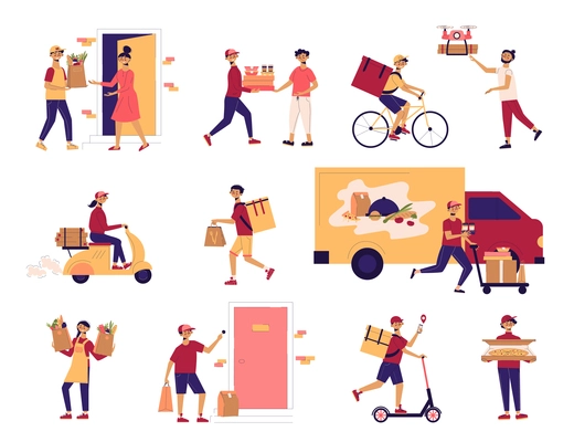 Food delivery icon set different types of delivery and the process of transferring an order with food by couriers vector illustration