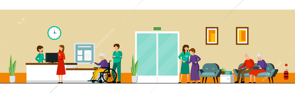 Nursing home characters composition with place where they help the elderly and help them get to their rooms
